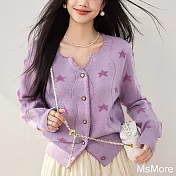 【MsMore】 V領甜美佳人長袖針織衫顯瘦開衫短款上衣# 123045 FREE 紫色