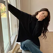 【MsMore】 捲邊高領純色長袖毛衣寬鬆韓版慵懶風針織短版上衣# 123400 FREE 黑色