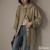 【ACheter】 經典寬鬆風衣連帽大衣美拉德復古長袖中長外套# 123500 M 卡其色