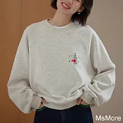 【MsMore】 趣味繡花雲白灰圓領休閒T寬鬆顯瘦插肩長袖短版上衣# 123504 M 白色