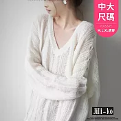 【Jilli~ko】V領馬海毛毛衣女慵懶溫柔寬鬆鏤空套頭針織衫上衣 J11957  FREE 白色
