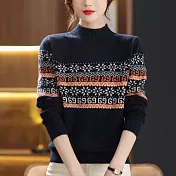 【MsMore】 半高領內搭長袖雪花加厚短版針織毛衣# 123083 FREE 藏青色