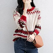 【MsMore】 圓領長袖針織衫寬鬆羊毛感緹花毛衣長袖短版上衣# 123091 FREE 紅色