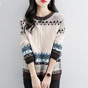 【MsMore】 圓領長袖針織衫寬鬆羊毛感緹花毛衣長袖短版上衣# 123091 FREE 藍色