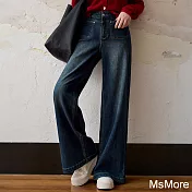 【MsMore】 刷色牛仔褲復古高腰顯瘦遮肉闊腿牛仔長褲# 123547 M 藍色