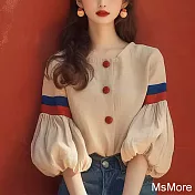 【MsMore】 法式氣質杏色燈籠袖襯衫設計感撞色短版爆款上衣# 123613 M 杏色