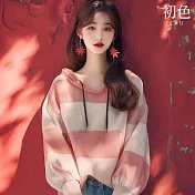 【初色】韓系寬鬆顯瘦撞色條紋連帽抽繩胸口袋長袖連帽T恤上衣女上衣-粉白條紋-38168(M-2XL可選) M 粉白條紋