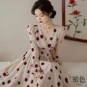 【初色】法式波點V領泡泡袖長袖修身傘裙長裙連衣裙連身洋裝長洋裝-白底圓點-37894(M-3XL可選) M 白底圓點