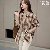 【初色】休閒復古格紋百搭寬鬆翻領長袖襯衫外套女外套-咖啡格紋-37914(M-2XL可選) M 咖啡格紋