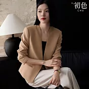 【初色】立體裁切修身顯瘦口袋V領長袖前扣西裝外套女外套-共3色-37924(M-2XL可選) L 卡其色