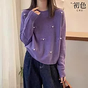 【初色】立體勾花蝴蝶結純色寬鬆休閒圓領長袖保暖針織毛衣上衣女上衣-共2色-37995(F可選) F 紫色