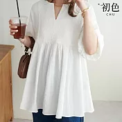 【初色】日系寬鬆半開領七分袖燈籠袖蕾絲衫打底衫襯衫上衣女上衣-共2色-38308(M-XL可選) M 白色