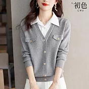 【初色】小香風純色假兩件單排釦針織長袖襯衫上衣女上衣-共4色-38002(F可選) F 灰色