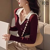 【初色】復古顯瘦POLO領長袖打底內搭毛衣針織衫上衣女上衣-酒紅色-38017(F可選) F 酒紅色