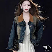 【初色】拚色翻領長袖短版牛仔外套女外套-藍色-38358(M-2XL可選) M 藍色