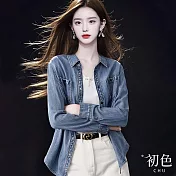 【初色】純色翻領口袋單排釦落肩長袖休閒牛仔外套女外套-藍色-38359(M-2XL可選) M 藍色