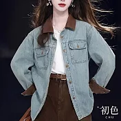 【初色】撞色翻領長袖單排扣牛仔外套女外套-藍色-38360(M-2XL可選) M 藍色