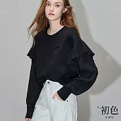 【初色】法式圓領純色空氣感蕾絲荷葉邊長袖上衣女上衣-黑色-38362(M-2XL可選) M 黑色