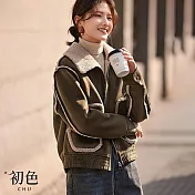 【初色】韓系撞色明線拼接大口袋寬鬆保暖加厚休閒夾克拉鍊外套-綠咖色-38291(M-2XL可選) 2XL 綠咖色