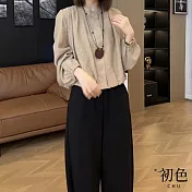 【初色】圓領壓褶純色長袖T恤上衣女上衣+休閒九分褲寬褲長褲兩件式套裝-咖衣黑褲-38372(M-2XL可選) M 咖衣黑褲