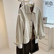 【初色】韓系都市風純色寬鬆明線單排釦口袋POLO領牛仔夾克外套女外套-共2色-38026(M-XL可選) M 米色