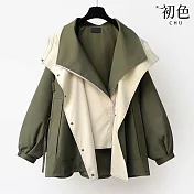 【初色】撞色拼接收腰中長款單排釦拉鍊風衣外套女外套-共3色-38034(M-3XL可選) M 綠色