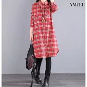 【AMIEE】棉麻格子長袖襯衫連身裙洋裝(KDTQ-6008) M 紅色