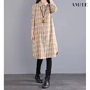 【AMIEE】棉麻格子長袖襯衫連身裙洋裝(KDTQ-6008) M 黃色