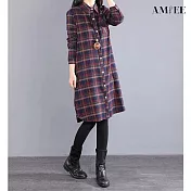 【AMIEE】棉麻格子長袖襯衫連身裙洋裝(KDTQ-6008) M 藏青色