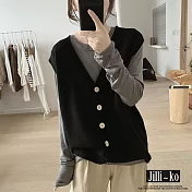 【Jilli~ko】開衫馬甲V領疊穿百搭寬鬆顯瘦無袖針織上衣 J11962  FREE 黑色