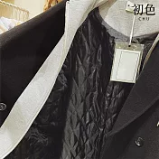 【初色】韓版都市風純色寬鬆假兩件雙排釦口袋西裝領連帽大衣外套女外套-共2款2色-38035(M-3XL可選) M 黑色-加厚款