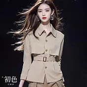 【初色】翻領長袖純色單排釦收腰風衣外套女外套-卡其色-38199(M-XL可選) M 卡其色