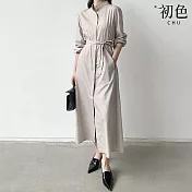 【初色】韓系純色寬鬆單排釦系帶立領長袖A字裙中長裙連衣裙連身洋裝-共2色-38075(M-XL可選) M 卡其色