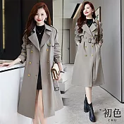 【初色】翻領寬鬆雙排扣遮肉顯瘦長款素色風衣外套-共3色-38208(M-4XL可選) M 灰色