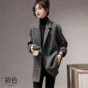 【初色】素色翻領寬鬆遮肉顯瘦粗花毛呢大衣外套-灰色-38213(M-2XL可選) M 灰色