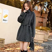 【初色】高領系帶收腰顯瘦寬鬆遮肉毛呢素色大衣外套-共2色-38214(M-XL可選) M 深灰色