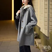 【初色】寬鬆顯瘦單排扣大口袋拼接連帽毛呢保暖大衣外套-共2色-38216(M-2XL可選) 2XL 灰色