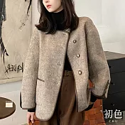 【初色】復古圓領雙排扣小香風毛呢大口袋大衣外套-駝色-38218(M-2XL可選) M 駝色