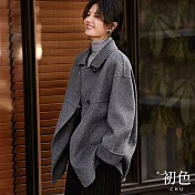 【初色】翻領素色百搭保暖寬鬆顯瘦落肩袖毛呢大衣外套-灰色-38219(M-2XL可選) M 灰色