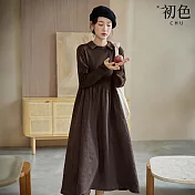 【初色】素色拼接寬鬆翻領長袖中長連衣裙連身洋裝-共2色-38274(M-2XL可選) M 咖色