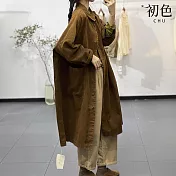 【初色】復古風純色寬鬆翻領長袖風衣外套女外套-咖色-38278(L-XL可選) L 咖色