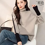 【初色】日系撞色拼接寬鬆高領長袖毛衣針織衫上衣女上衣-共3色-38389(F可選) F 駝色