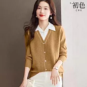 【初色】假兩件拼接V領毛衣長袖針織襯衫上衣女上衣-共4色-38393(F可選) F 駝色