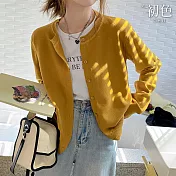 【初色】純色寬鬆開衫圓領長袖針織外套女外套-共11色-38387(F可選) F 黃色
