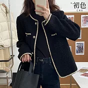 【初色】法式復古小香風撞色包邊珍珠釦寬鬆毛呢圓領開衫長袖外套女外套-共2色-38477(M-XL可選) M 黑色