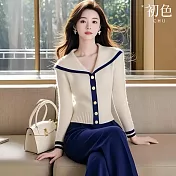 【初色】法式撞色娃娃領單排釦長袖毛衣襯衫針織開衫上衣女上衣-白色-38444(F可選) F 白色