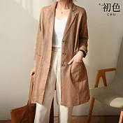 【初色】純色棉麻風中長款翻領長袖寬鬆西裝外套女外套-共2色-38526(M-2XL可選) M 卡其色