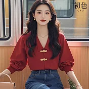 【初色】新中式國風純色單排釦娃娃領長袖燈籠袖襯衫上衣女上衣-紅色-37771(M-XL可選) M 紅色