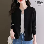 【初色】休閒純色釘珠修身百搭圓領朝袖針織毛衣外套女外套-共3色-37787(F可選) F 黑色
