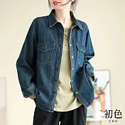 【初色】單排扣雙口袋翻領寬鬆遮肉顯瘦長袖牛仔外套-藍色-37679(M-2XL可選) M 藍色